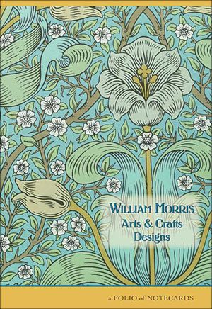 Portada de un libro sobre art and craft de William Morris, la Ilustracion muestra principalmente una grann flor, con un fondo lleno de tallos y hojas e diferentes direcciones