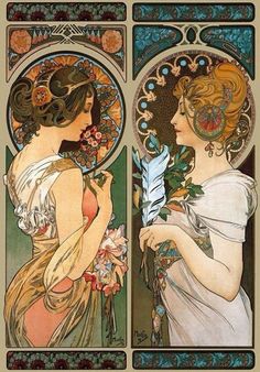 Ilustracion de dos mujeres viendose de enfrente, con la mirada baja soteniendo un ramo de flores, ambas mujeres estan rodeadas con flores y marcos representativos del art nouveau