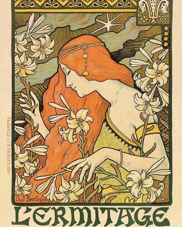 Ilustracion de una mujer de lado, del torso para arribamsoteniendo un ramo de flores, la chica esta rodeada de flores y un marco, representativos del art nouveau