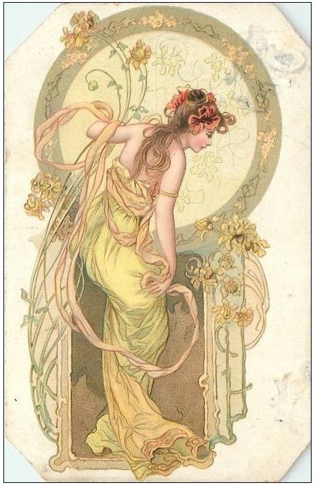 Ilustracion de una mujer de espaldas con la cabeza a un lado, siendo contornead por un marco y flores representativas del art nouveau