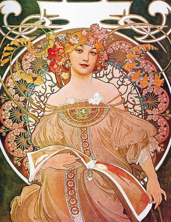 Ilustracion de una mujer sentada viendo de frente, del torso para arriba, rodeada con flores y un marco, representativos del art nouveau