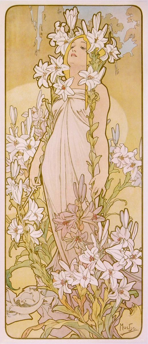 Ilustracion de una mujer de cuerpo completo, udando tonalidades en color rosa y amarillo palido, la ilustracion se coplementa con flores y marcos representativos del art nouveau