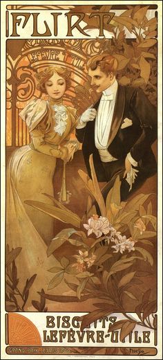 Ilustracion de una mujer y un hombre, vestidos con ropas galantes y caras, dando la apariencia de que se encuentran en una fiesta, rodeados con flores representativas del art nouveau